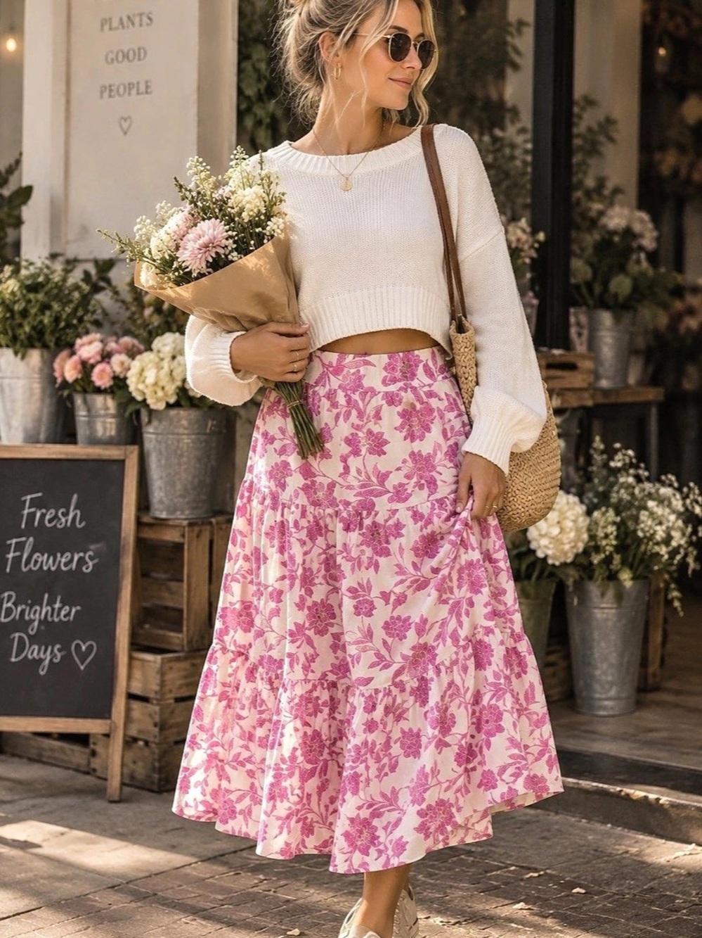 Lauren Conrad Floral Midi Skirt in Pink & White Size Medium